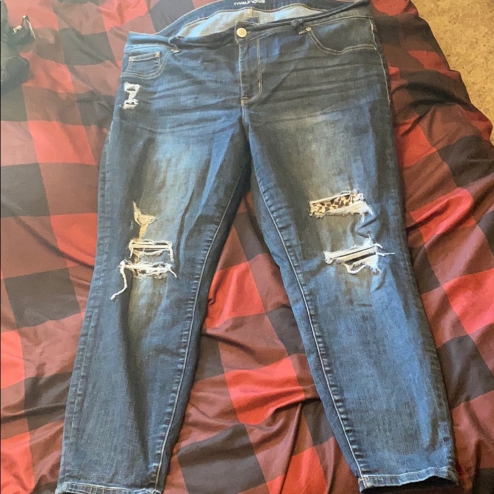 Leopard patch distressed skinnies